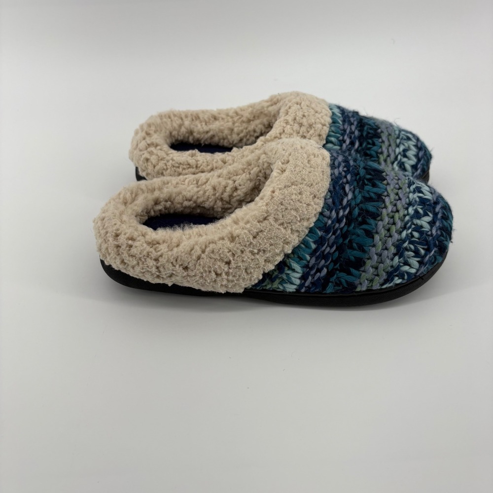 Dearfoams Women's‎ Crochet Knit Clog Slippers Small US 5-6 Blue Sherpa Lined